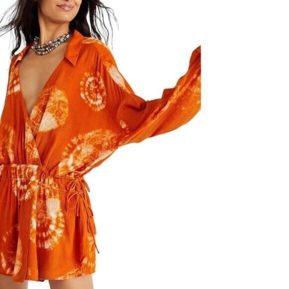 Free People Marla Printed Shortall Orange Romper Women’s Size Small New - Picture 13 of 15